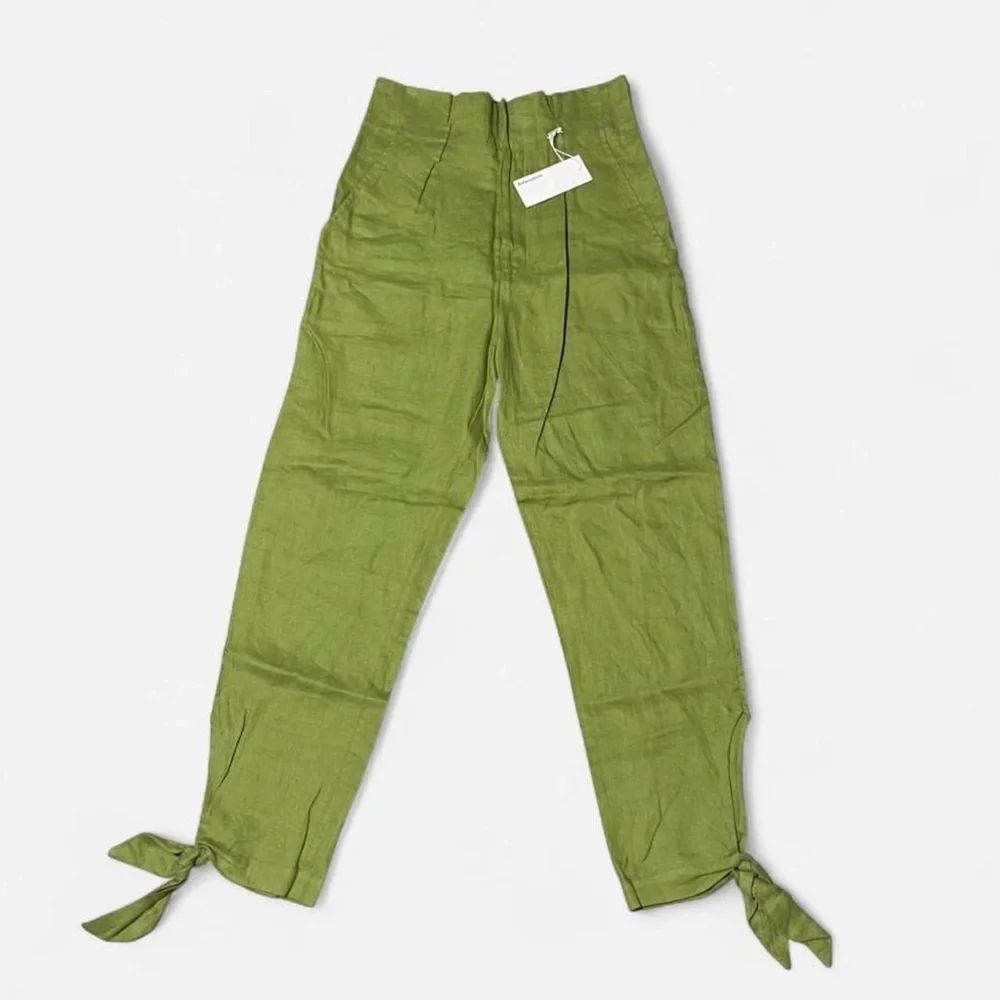reformation nwt high rise 100% linen green paper bag business dress pants 2